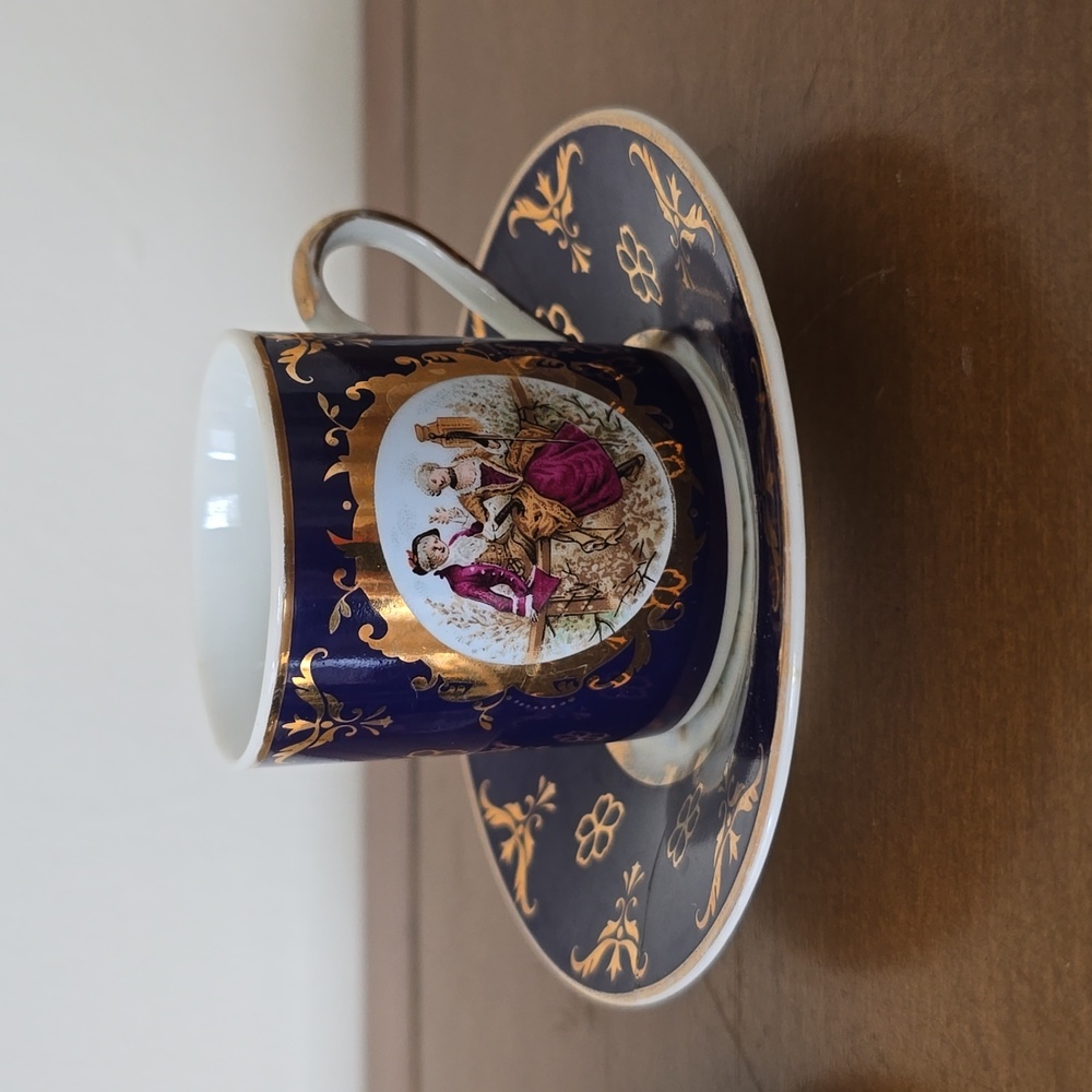 Vintage Tiger Yedi Japan Victorian Couple Porcelain Demitasse Cup Saucer